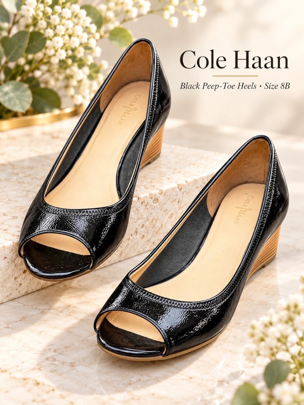 Cole Haan Black Patent Leather Peep Toe Wedge Heels Size 8B